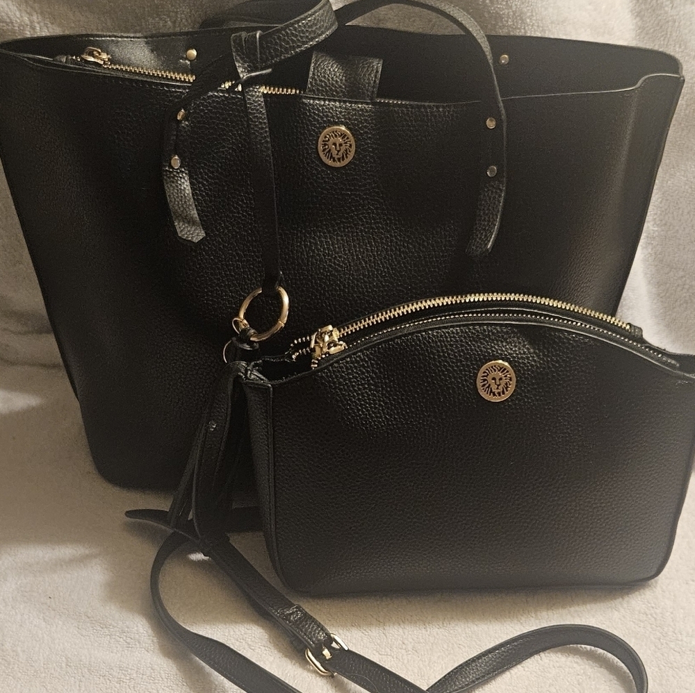 Anne Kleine Set Of Two Tote And Crossbody Bag Black Pebbled Leather Gold Accents - Picture 1 of 12